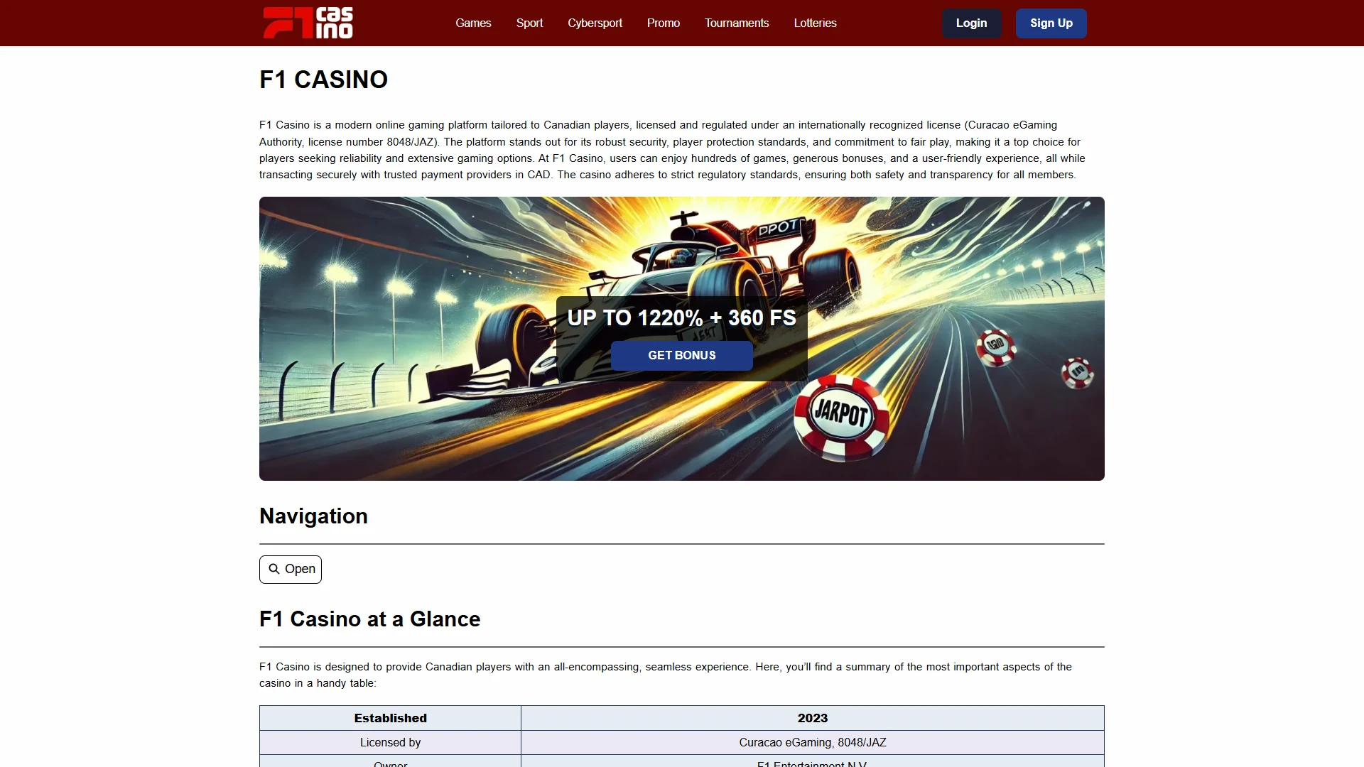 F1 casino lobby on desktop